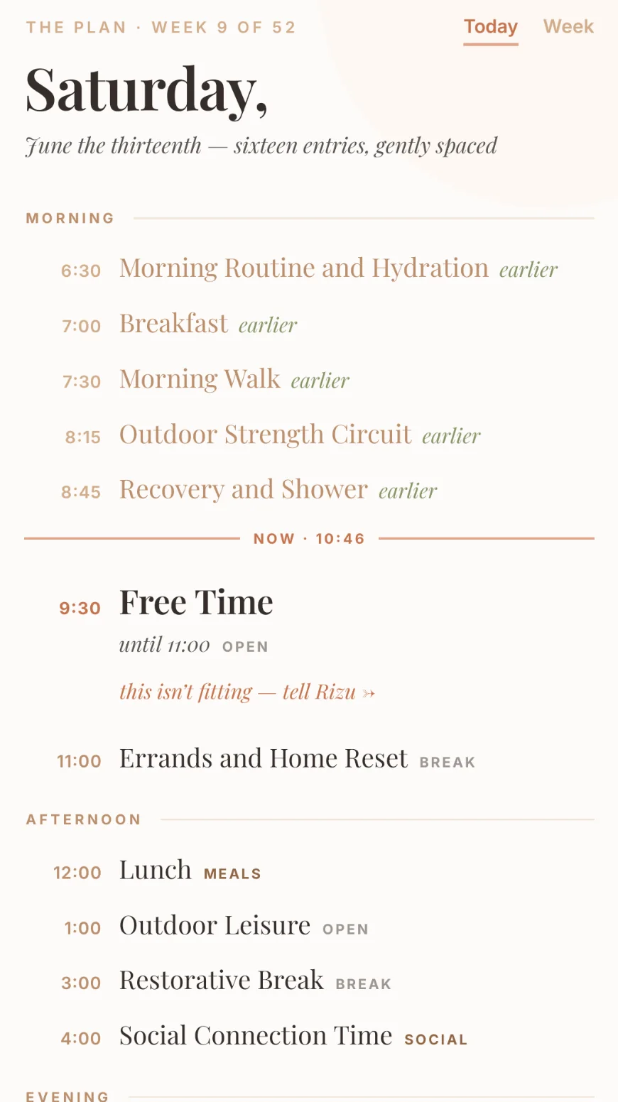 Rizzolution's Plan screen: a Saturday schedule from morning to evening with free time blocks