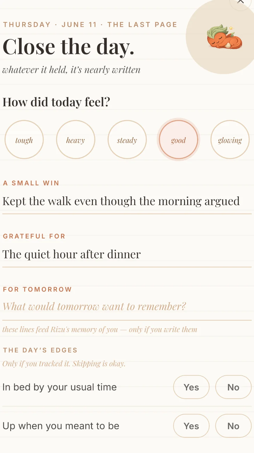 Rizzolution's end-of-day reflection: Close the day, with five mood options and short prompts
