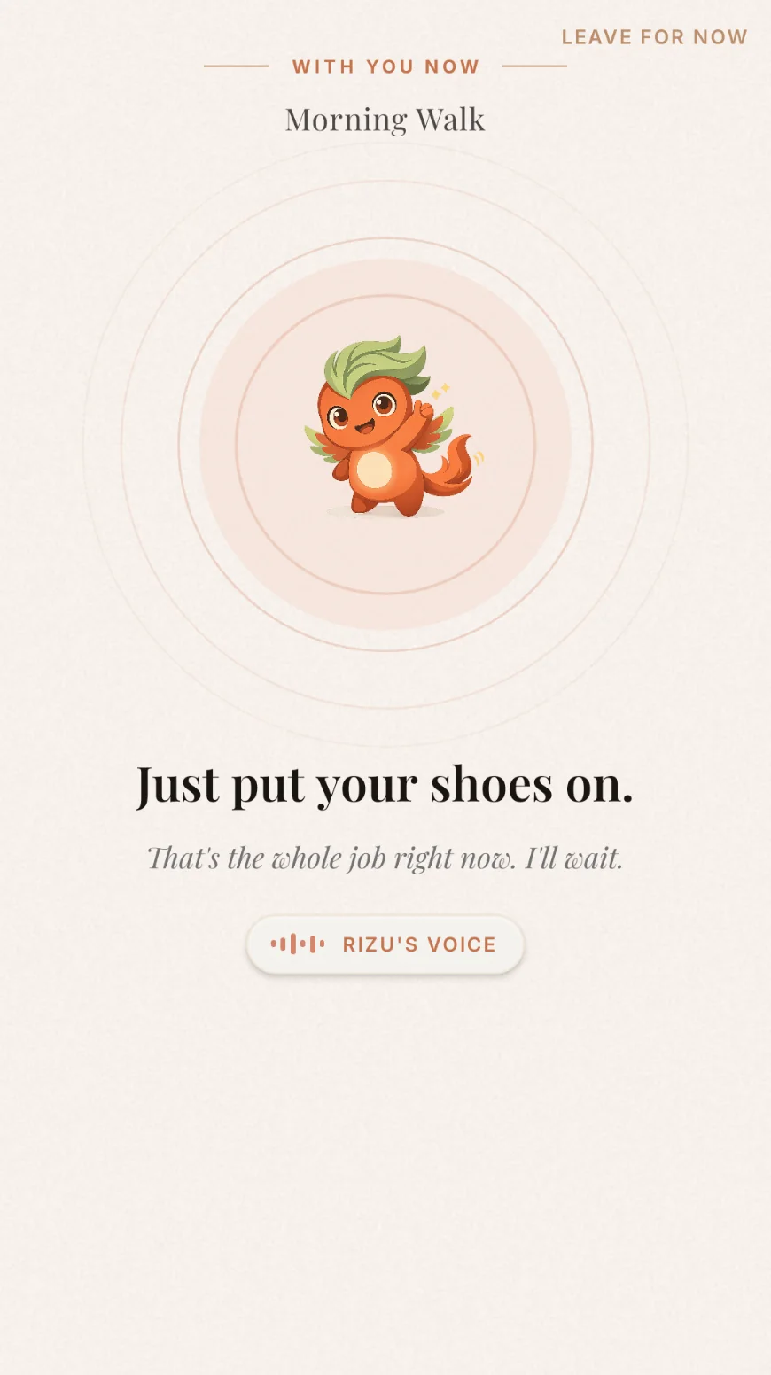 Rizzolution: Rizu, a small orange dragon character, in the middle of the screen above the words Just put your shoes on.