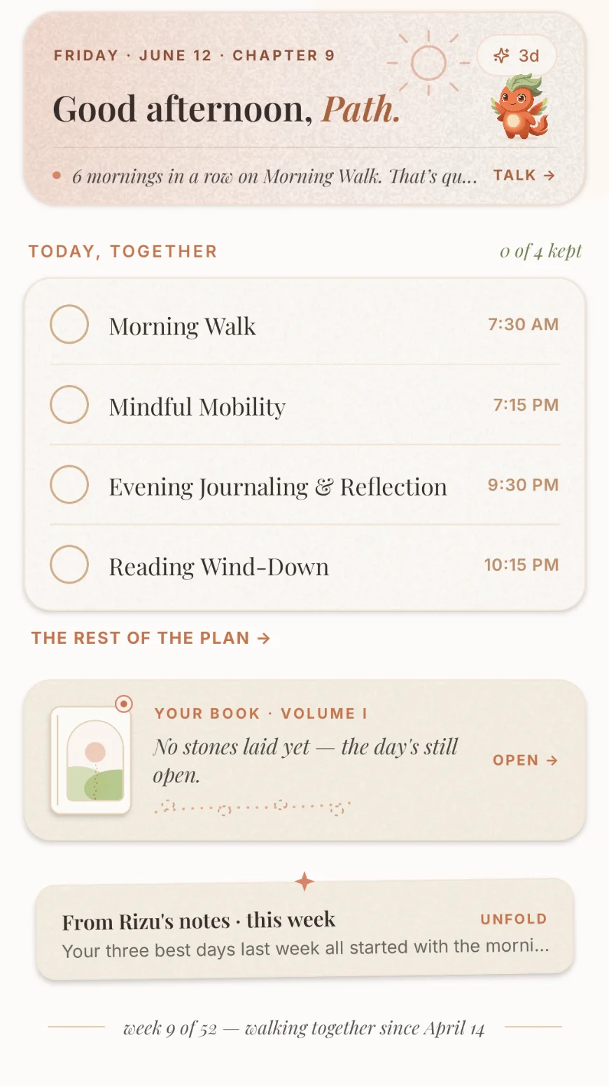 Rizzolution's Today screen: a greeting from Rizu, four activities for the day with times, and a note from Rizu about the week