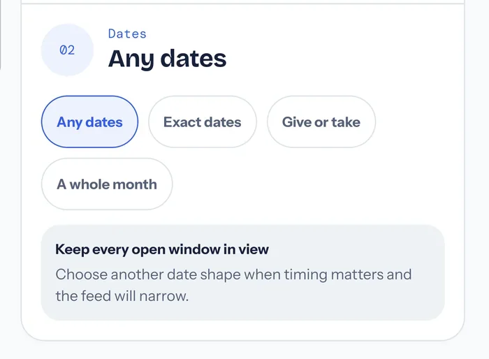 Stead's dates step, offering any dates, exact dates, give or take, and a whole month