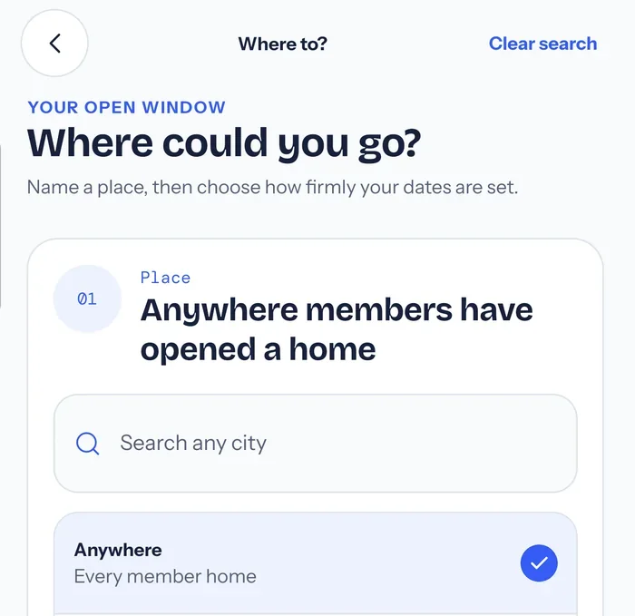 Stead's search step: Where could you go? with a city search field